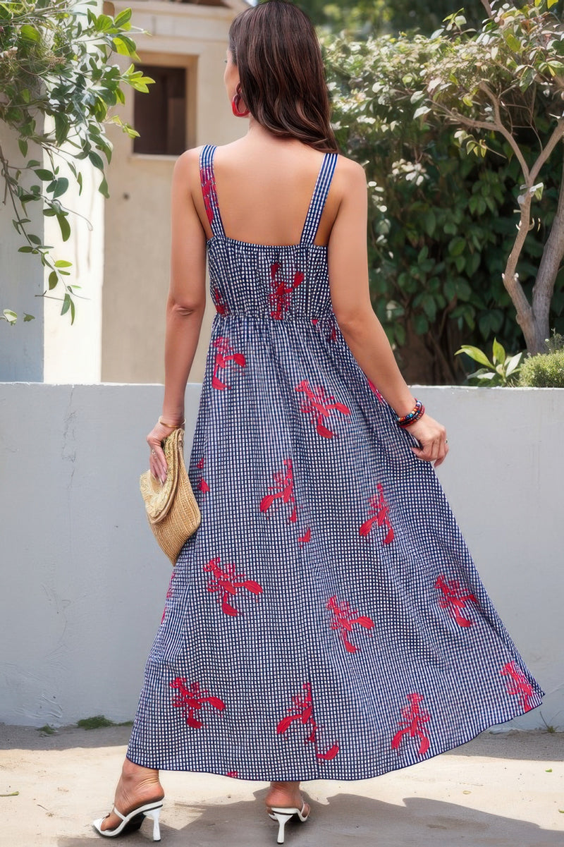Plaid Lobster Print A-Line Maxi Dress