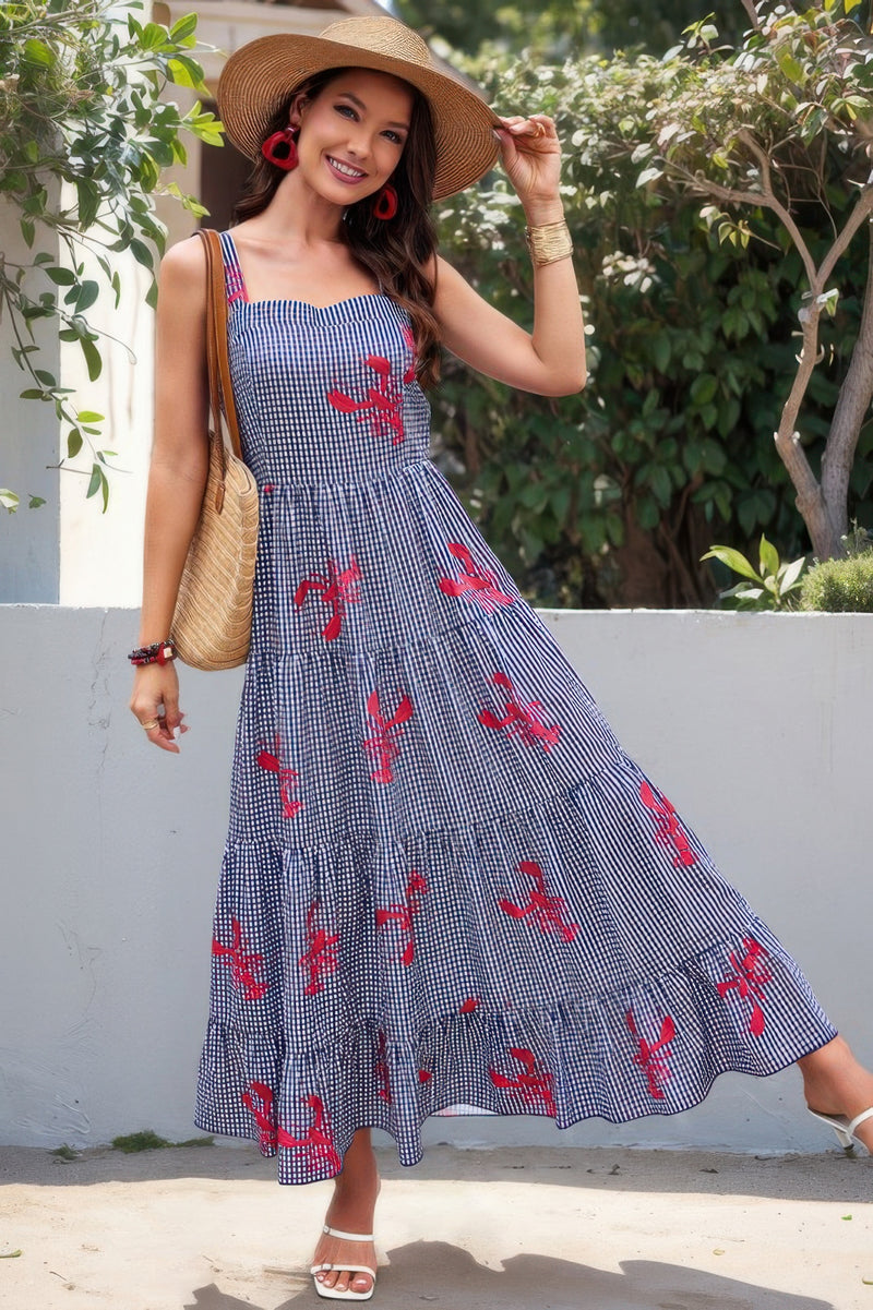 Plaid Lobster Print A-Line Maxi Dress