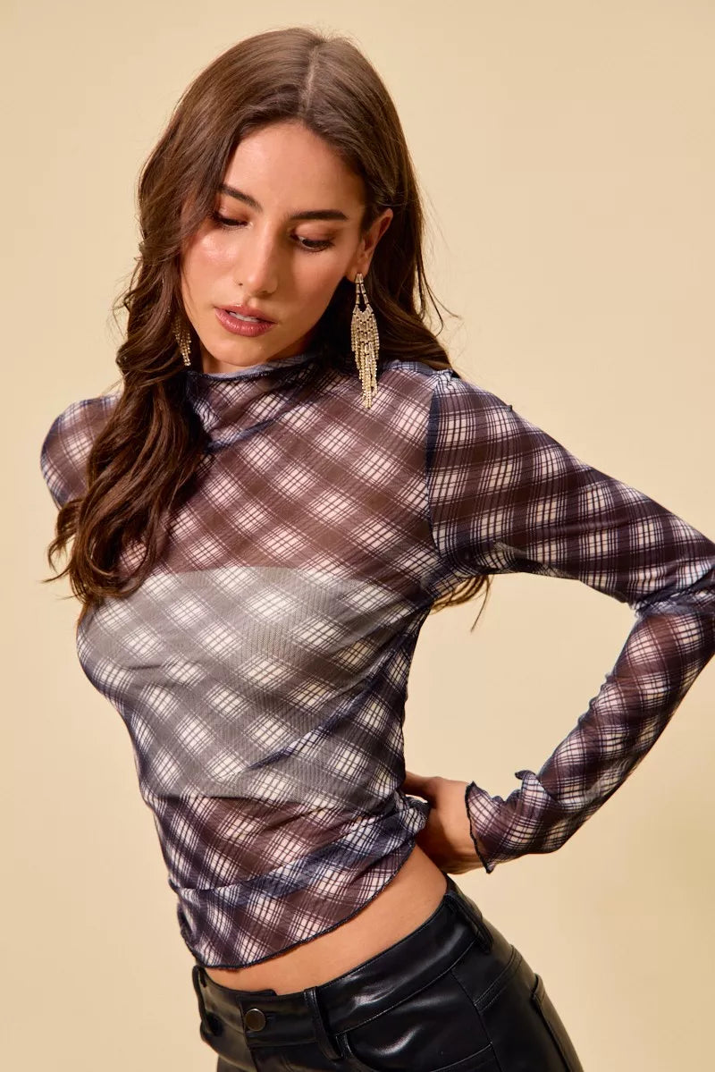Plaid Mesh Knit Long Sleeve Top with Thumb Opening