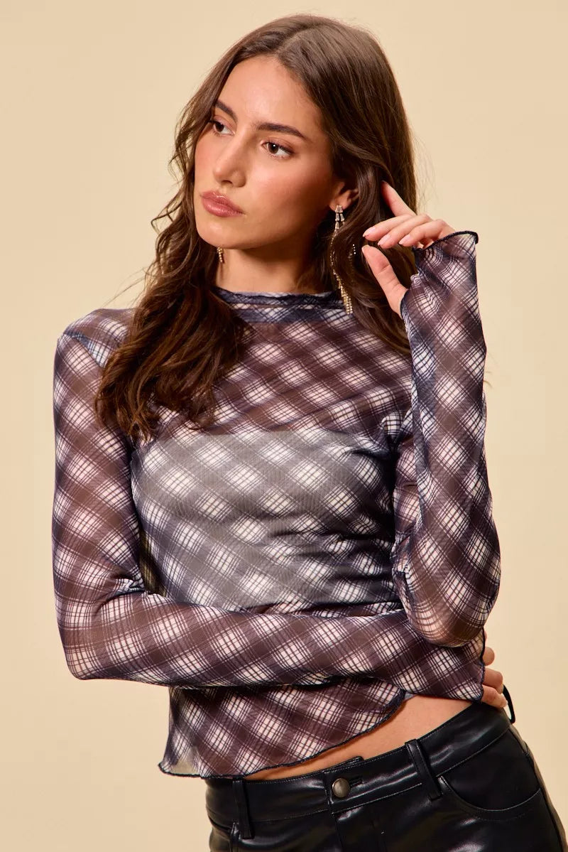 Plaid Mesh Knit Long Sleeve Top with Thumb Opening