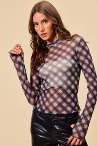 Plaid Mesh Knit Long Sleeve Top with Thumb Opening