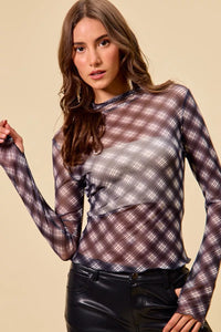 Plaid Mesh Knit Long Sleeve Top with Thumb Opening