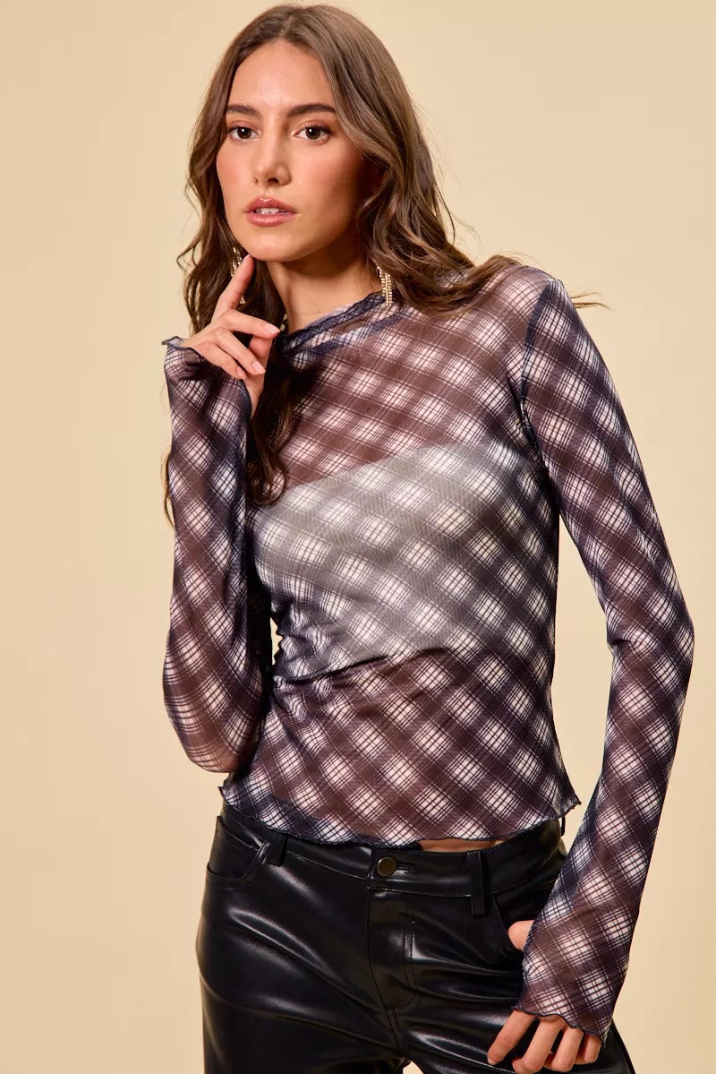 Plaid Mesh Knit Long Sleeve Top with Thumb Opening