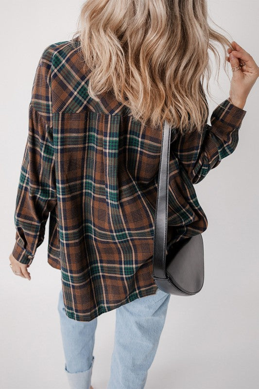 Plaid Print Chest Pockets Buttoned Shacket-Classic plaid button-up shacket with chest flap pockets. A versatile layering piece blending shirt and jacket style—perfect for effortless fall outfits.-Reef Love