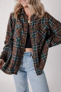 Plaid Print Chest Pockets Buttoned Shacket-Classic plaid button-up shacket with chest flap pockets. A versatile layering piece blending shirt and jacket style—perfect for effortless fall outfits.-Reef Love