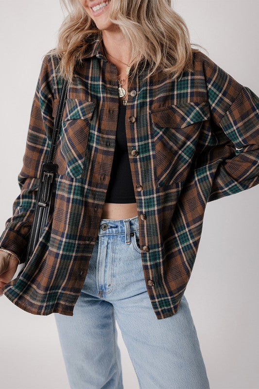 Plaid Print Chest Pockets Buttoned Shacket-Classic plaid button-up shacket with chest flap pockets. A versatile layering piece blending shirt and jacket style—perfect for effortless fall outfits.-Reef Love