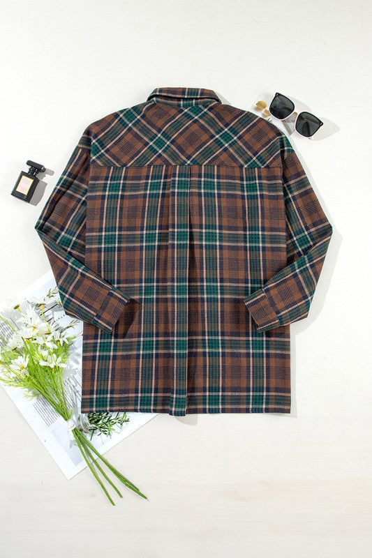 Plaid Print Chest Pockets Buttoned Shacket-Classic plaid button-up shacket with chest flap pockets. A versatile layering piece blending shirt and jacket style—perfect for effortless fall outfits.-Reef Love