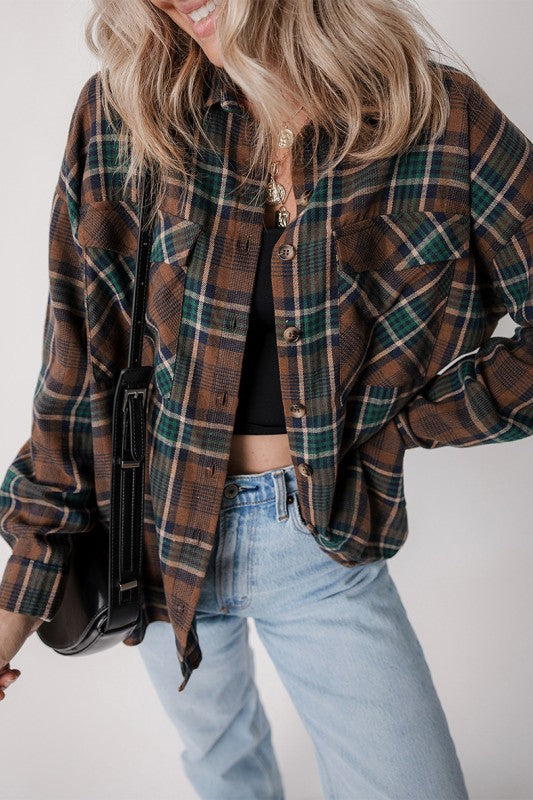 Plaid Print Chest Pockets Buttoned Shacket-Classic plaid button-up shacket with chest flap pockets. A versatile layering piece blending shirt and jacket style—perfect for effortless fall outfits.-Reef Love