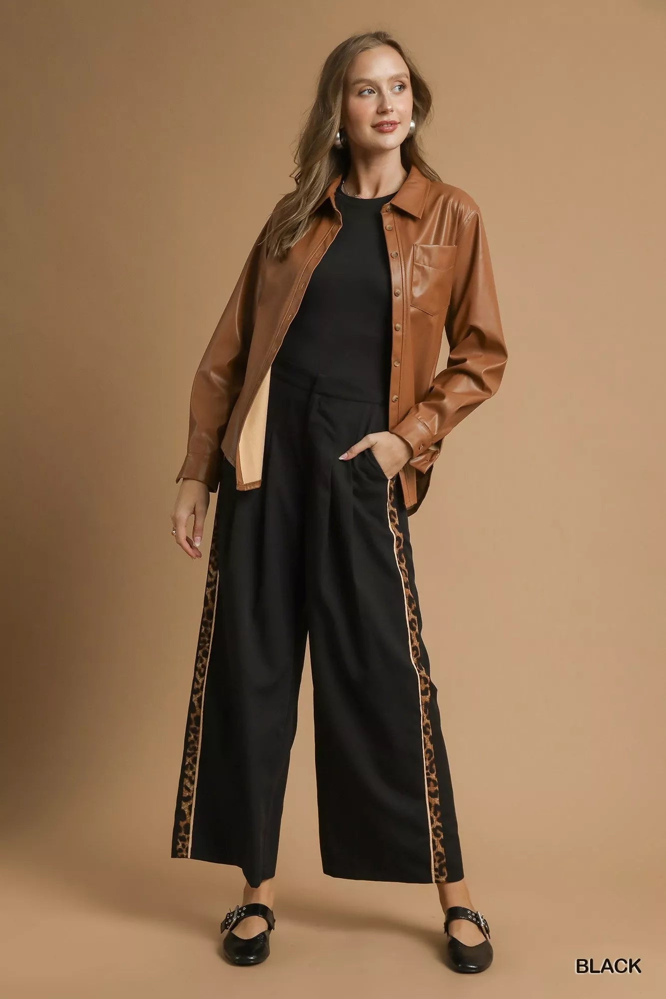 Pleated Wide-Leg Cropped Pants with Leopard Trim-Front Pleated Wide-Leg Cropped Pants with Leopard Trim, chic and sophisticated. The front pleats add a tailored touch to the pants with flattering silhouette. 