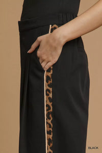 Pleated Wide-Leg Cropped Pants with Leopard Trim-Front Pleated Wide-Leg Cropped Pants with Leopard Trim, chic and sophisticated. The front pleats add a tailored touch to the pants with flattering silhouette. 
