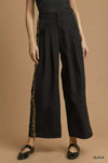 Pleated Wide-Leg Cropped Pants with Leopard Trim-Front Pleated Wide-Leg Cropped Pants with Leopard Trim, chic and sophisticated. The front pleats add a tailored touch to the pants with flattering silhouette. 