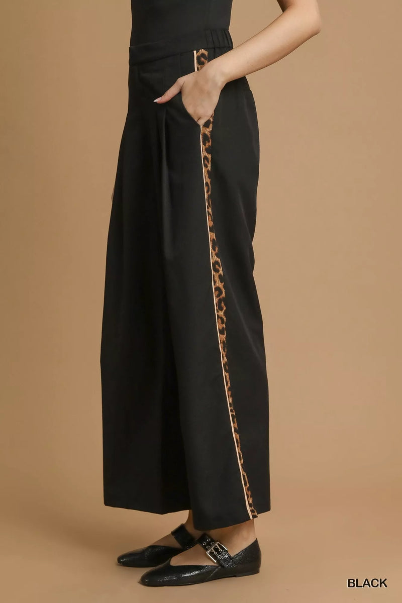 Pleated Wide-Leg Cropped Pants with Leopard Trim-Front Pleated Wide-Leg Cropped Pants with Leopard Trim, chic and sophisticated. The front pleats add a tailored touch to the pants with flattering silhouette. 