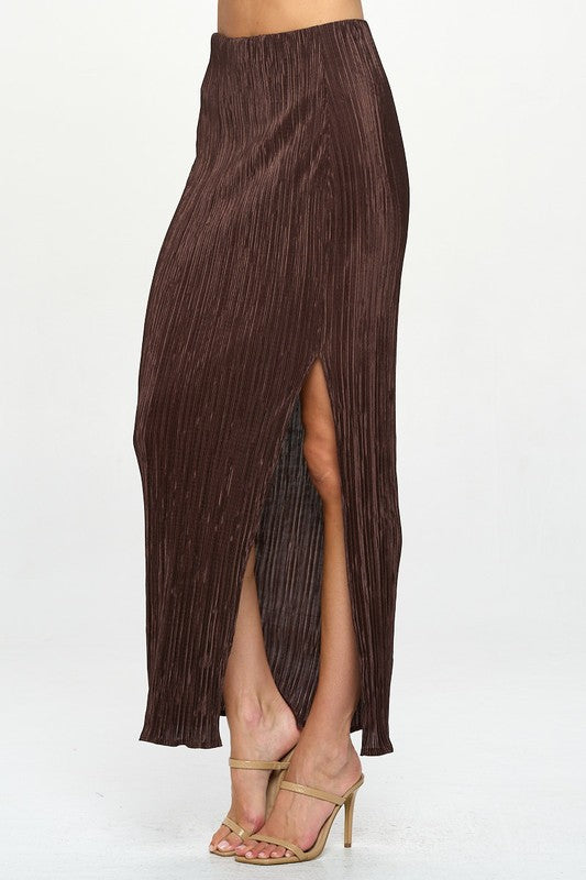 Plisse Maxi Skirt with Slit, Brown-Reef Love