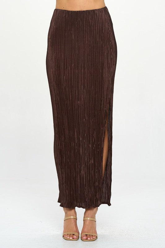 Plisse Maxi Skirt with Slit, Brown-Reef Love