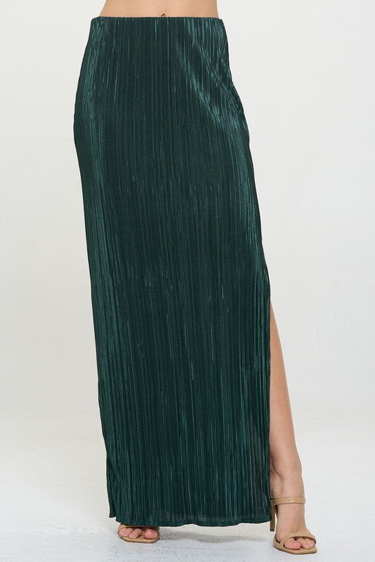 Plisse Maxi Skirt with Slit, Olive-Reef Love