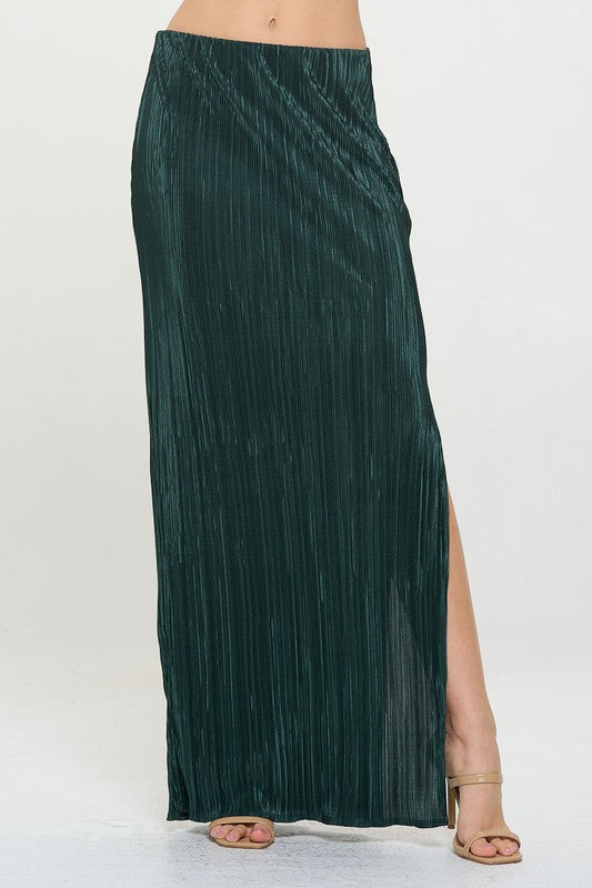 Plisse Maxi Skirt with Slit, Olive-Reef Love
