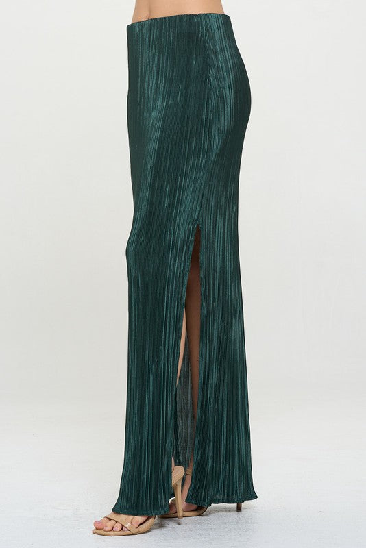 Plisse Maxi Skirt with Slit, Olive-Reef Love