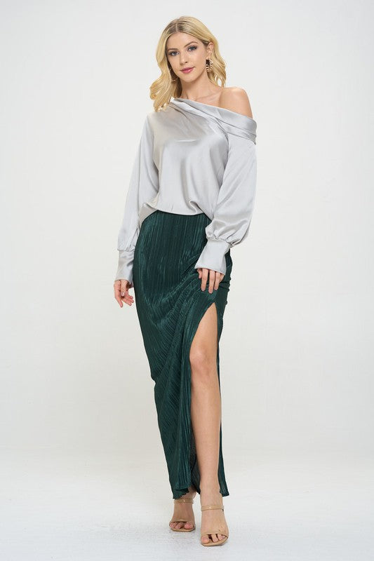 Plisse Maxi Skirt with Slit, Olive-Reef Love