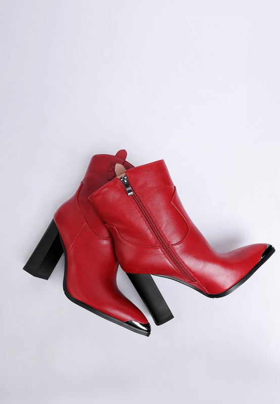 Pointed Toe Faux Leather Boots-Hatter pointed toe faux leather boots by London Rag. Bold 4" block heel ankle boots with paneling detail & cushioned insoles. Statement boss-girl style.