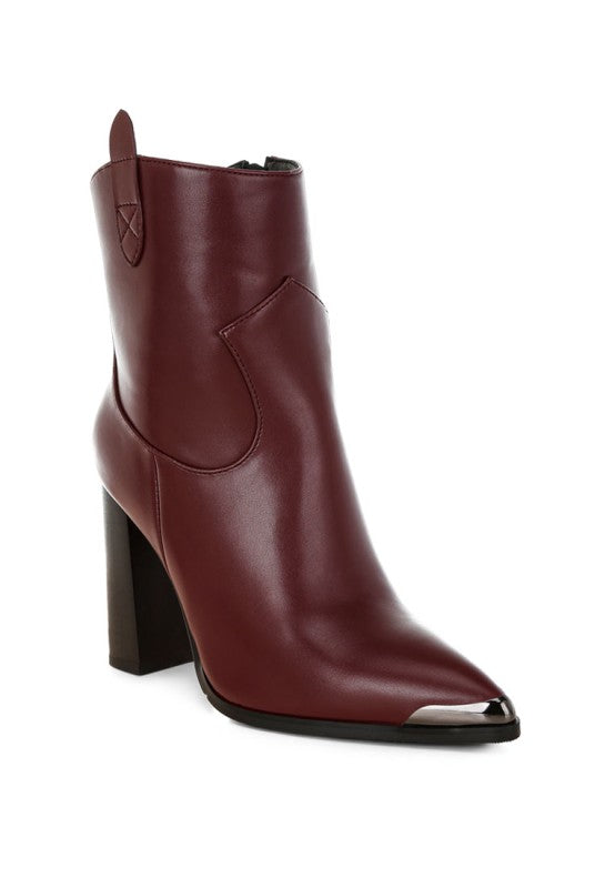Pointed Toe Faux Leather Boots-Hatter pointed toe faux leather boots by London Rag. Bold 4" block heel ankle boots with paneling detail & cushioned insoles. Statement boss-girl style.