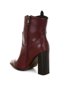 Pointed Toe Faux Leather Boots-Hatter pointed toe faux leather boots by London Rag. Bold 4" block heel ankle boots with paneling detail & cushioned insoles. Statement boss-girl style.