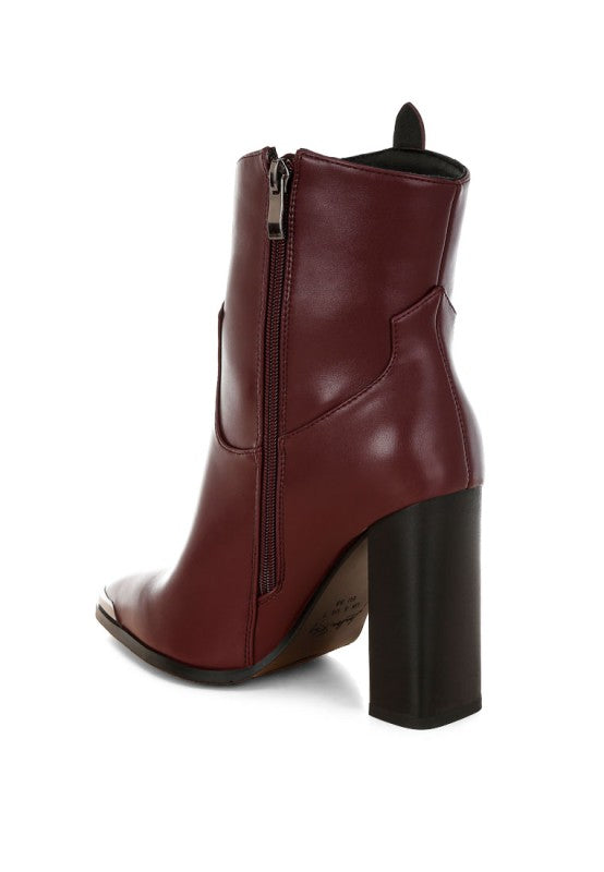 Pointed Toe Faux Leather Boots-Hatter pointed toe faux leather boots by London Rag. Bold 4" block heel ankle boots with paneling detail & cushioned insoles. Statement boss-girl style.