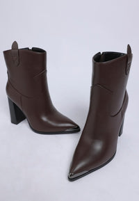 Pointed Toe Faux Leather Boots-Hatter pointed toe faux leather boots by London Rag. Bold 4" block heel ankle boots with paneling detail & cushioned insoles. Statement boss-girl style.