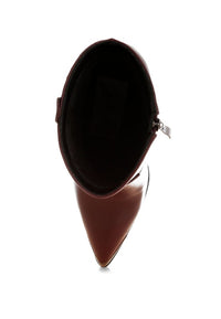 Pointed Toe Faux Leather Boots-Hatter pointed toe faux leather boots by London Rag. Bold 4" block heel ankle boots with paneling detail & cushioned insoles. Statement boss-girl style.