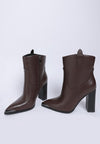 Pointed Toe Faux Leather Boots-Hatter pointed toe faux leather boots by London Rag. Bold 4" block heel ankle boots with paneling detail & cushioned insoles. Statement boss-girl style.
