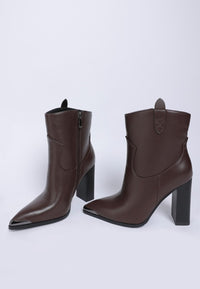 Pointed Toe Faux Leather Boots-Hatter pointed toe faux leather boots by London Rag. Bold 4" block heel ankle boots with paneling detail & cushioned insoles. Statement boss-girl style.