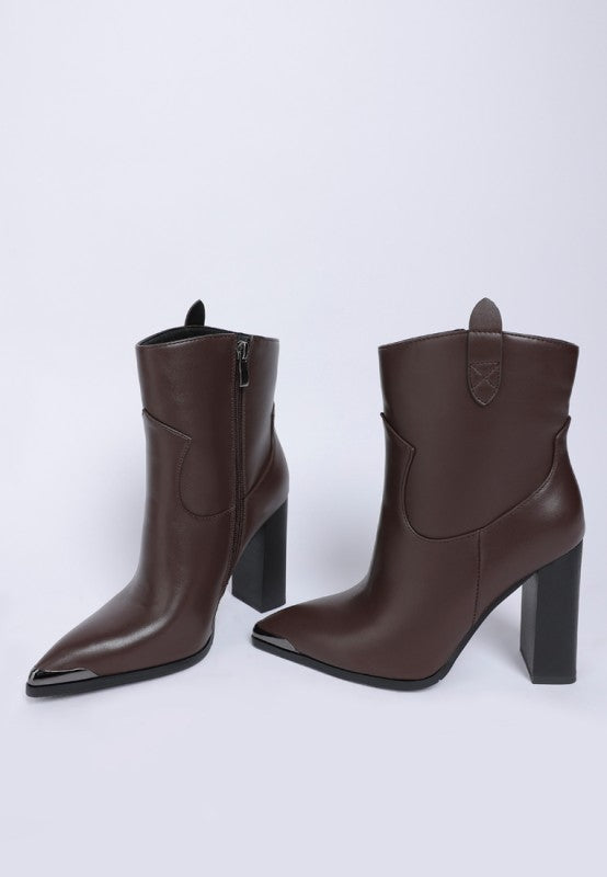 Pointed Toe Faux Leather Boots-Hatter pointed toe faux leather boots by London Rag. Bold 4" block heel ankle boots with paneling detail & cushioned insoles. Statement boss-girl style.