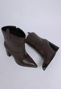 Pointed Toe Faux Leather Boots-Hatter pointed toe faux leather boots by London Rag. Bold 4" block heel ankle boots with paneling detail & cushioned insoles. Statement boss-girl style.