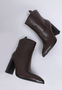 Pointed Toe Faux Leather Boots-Hatter pointed toe faux leather boots by London Rag. Bold 4" block heel ankle boots with paneling detail & cushioned insoles. Statement boss-girl style.