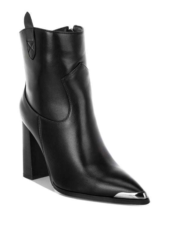 Pointed Toe Faux Leather Boots-Hatter pointed toe faux leather boots by London Rag. Bold 4" block heel ankle boots with paneling detail & cushioned insoles. Statement boss-girl style.