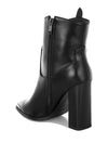 Pointed Toe Faux Leather Boots-Hatter pointed toe faux leather boots by London Rag. Bold 4" block heel ankle boots with paneling detail & cushioned insoles. Statement boss-girl style.