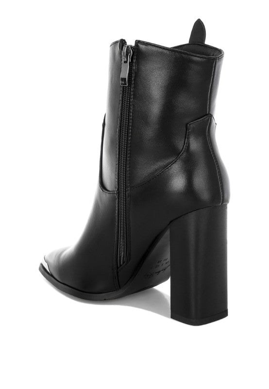 Pointed Toe Faux Leather Boots-Hatter pointed toe faux leather boots by London Rag. Bold 4" block heel ankle boots with paneling detail & cushioned insoles. Statement boss-girl style.