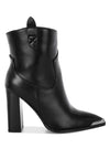 Pointed Toe Faux Leather Boots-Hatter pointed toe faux leather boots by London Rag. Bold 4" block heel ankle boots with paneling detail & cushioned insoles. Statement boss-girl style.