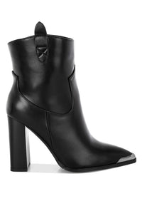 Pointed Toe Faux Leather Boots-Hatter pointed toe faux leather boots by London Rag. Bold 4" block heel ankle boots with paneling detail & cushioned insoles. Statement boss-girl style.
