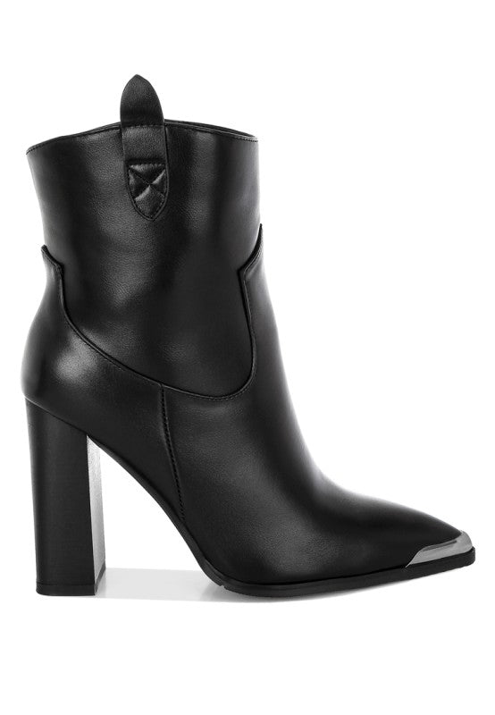 Pointed Toe Faux Leather Boots-Hatter pointed toe faux leather boots by London Rag. Bold 4" block heel ankle boots with paneling detail & cushioned insoles. Statement boss-girl style.