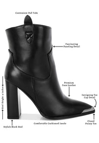 Pointed Toe Faux Leather Boots-Hatter pointed toe faux leather boots by London Rag. Bold 4" block heel ankle boots with paneling detail & cushioned insoles. Statement boss-girl style.