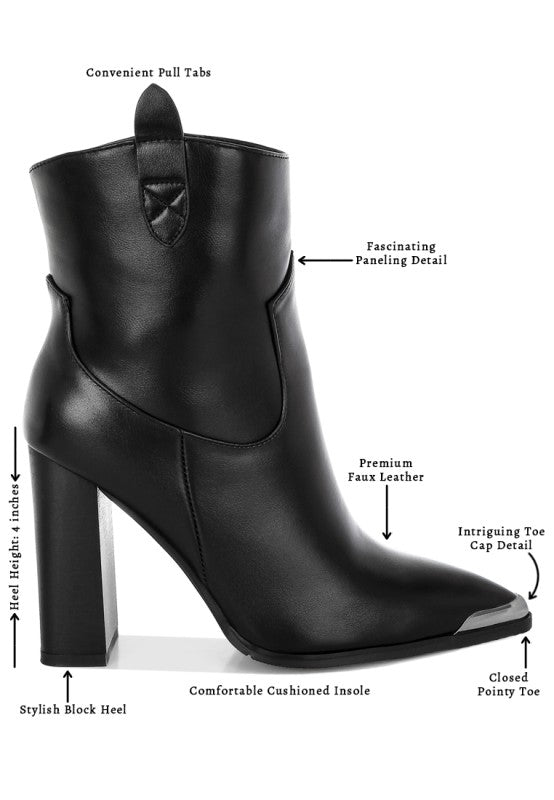 Pointed Toe Faux Leather Boots-Hatter pointed toe faux leather boots by London Rag. Bold 4" block heel ankle boots with paneling detail & cushioned insoles. Statement boss-girl style.