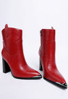 Pointed Toe Faux Leather Boots-Hatter pointed toe faux leather boots by London Rag. Bold 4" block heel ankle boots with paneling detail & cushioned insoles. Statement boss-girl style.