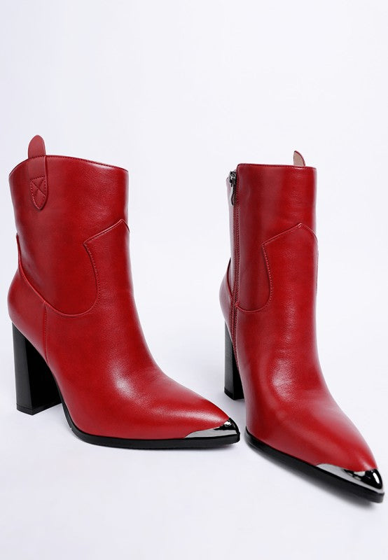 Pointed Toe Faux Leather Boots-Hatter pointed toe faux leather boots by London Rag. Bold 4" block heel ankle boots with paneling detail & cushioned insoles. Statement boss-girl style.