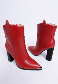 Pointed Toe Faux Leather Boots-Hatter pointed toe faux leather boots by London Rag. Bold 4" block heel ankle boots with paneling detail & cushioned insoles. Statement boss-girl style.