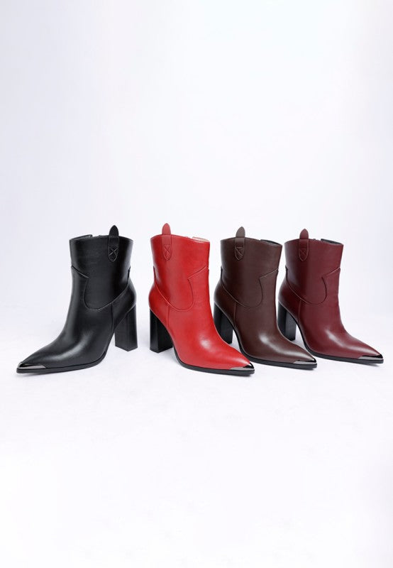 Pointed Toe Faux Leather Boots-Hatter pointed toe faux leather boots by London Rag. Bold 4" block heel ankle boots with paneling detail & cushioned insoles. Statement boss-girl style.