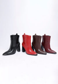 Pointed Toe Faux Leather Boots-Hatter pointed toe faux leather boots by London Rag. Bold 4" block heel ankle boots with paneling detail & cushioned insoles. Statement boss-girl style.