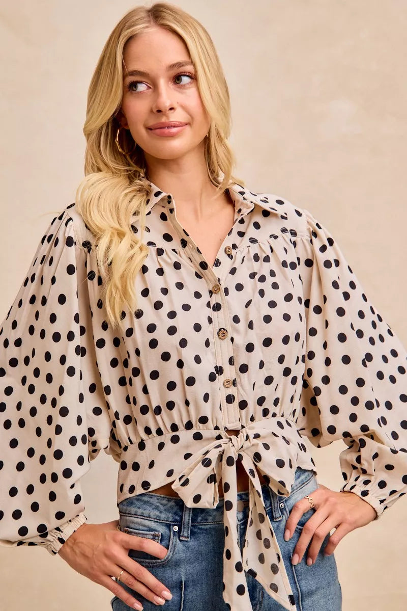 Polka Dot Print Tie Hem Detail Crop Blouse- Boho Chic Styles by Reef Love