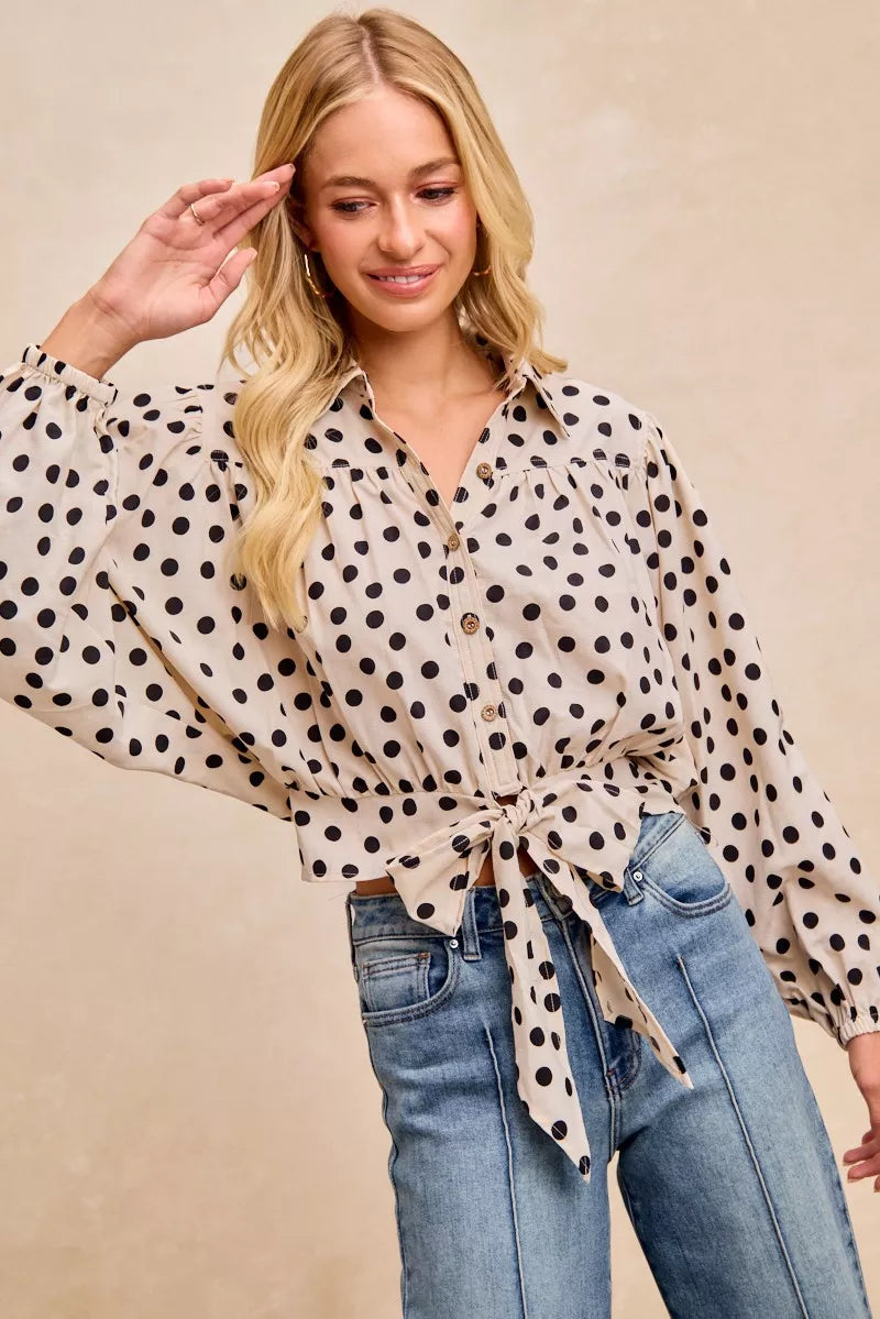 Polka Dot Print Tie Hem Detail Crop Blouse- Boho Chic Styles by Reef Love