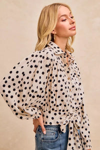 Polka Dot Print Tie Hem Detail Crop Blouse- Boho Chic Styles by Reef Love