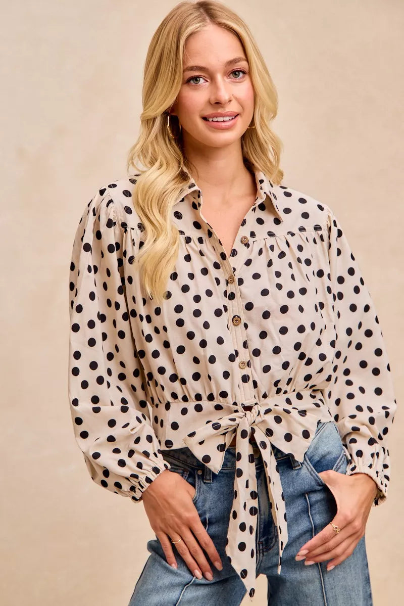 Polka Dot Print Tie Hem Detail Crop Blouse- Boho Chic Styles by Reef Love